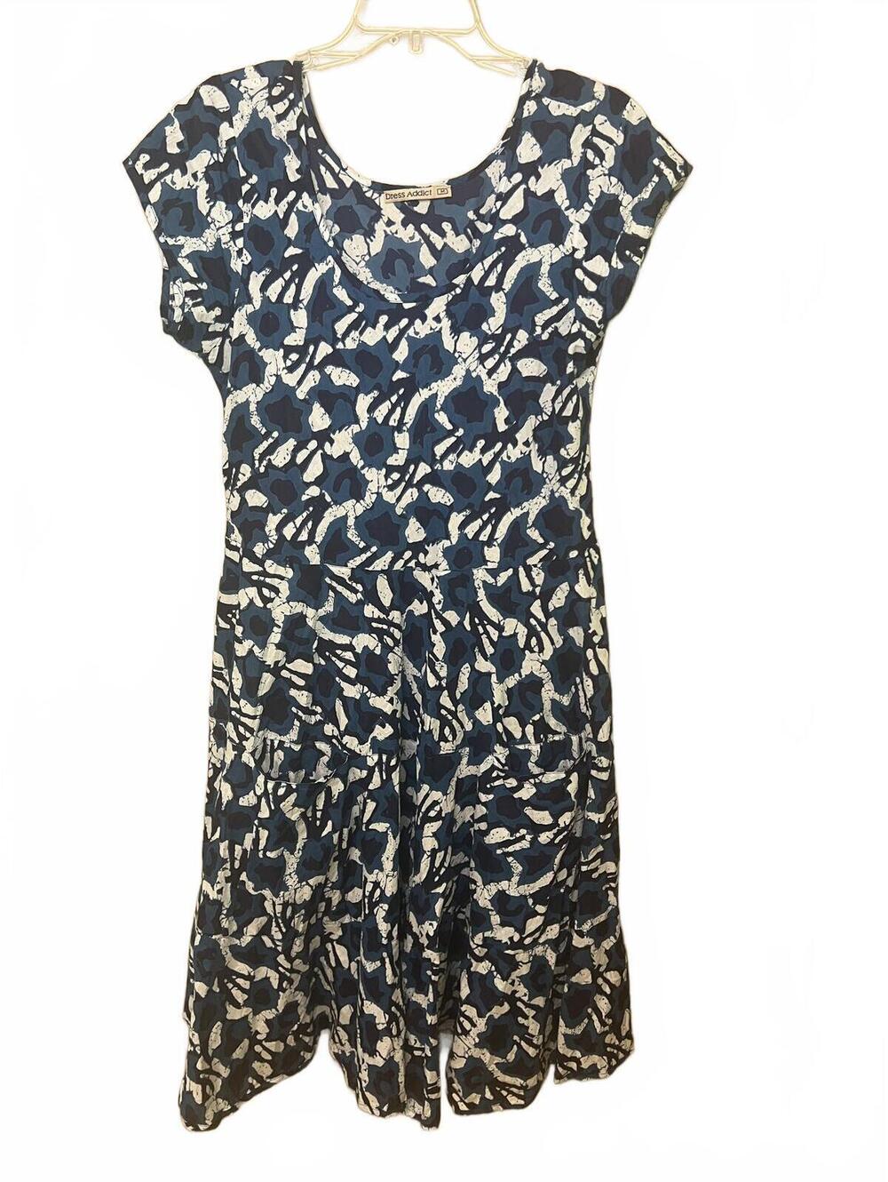 Dress Addict Tiered Blue Batik Print Midi 100% Cotton Dress Pockets Size Medium